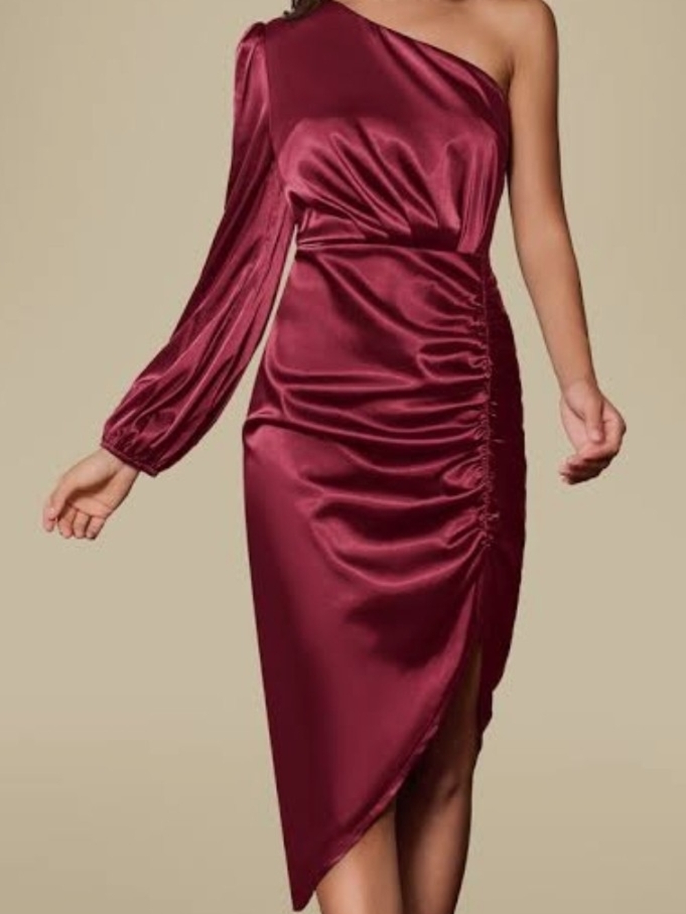 Grace Karin One-Shoulder Satin Midi Dress in Wine